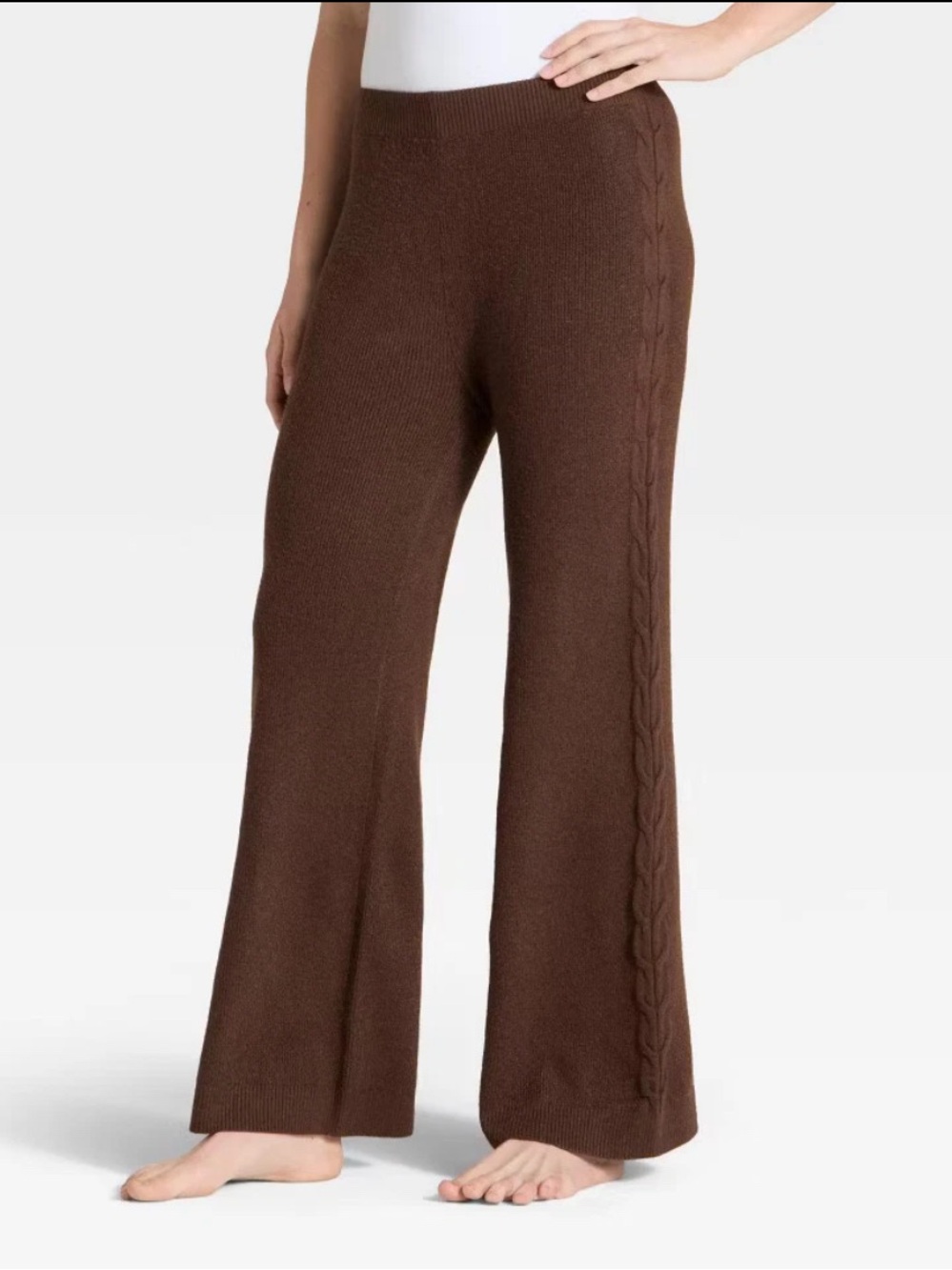 Auden Chocolate Brown Cable-Trim Wide-Leg Knit Pants